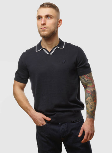 Tipped Knitted Open Collar Polo - Dark Navy