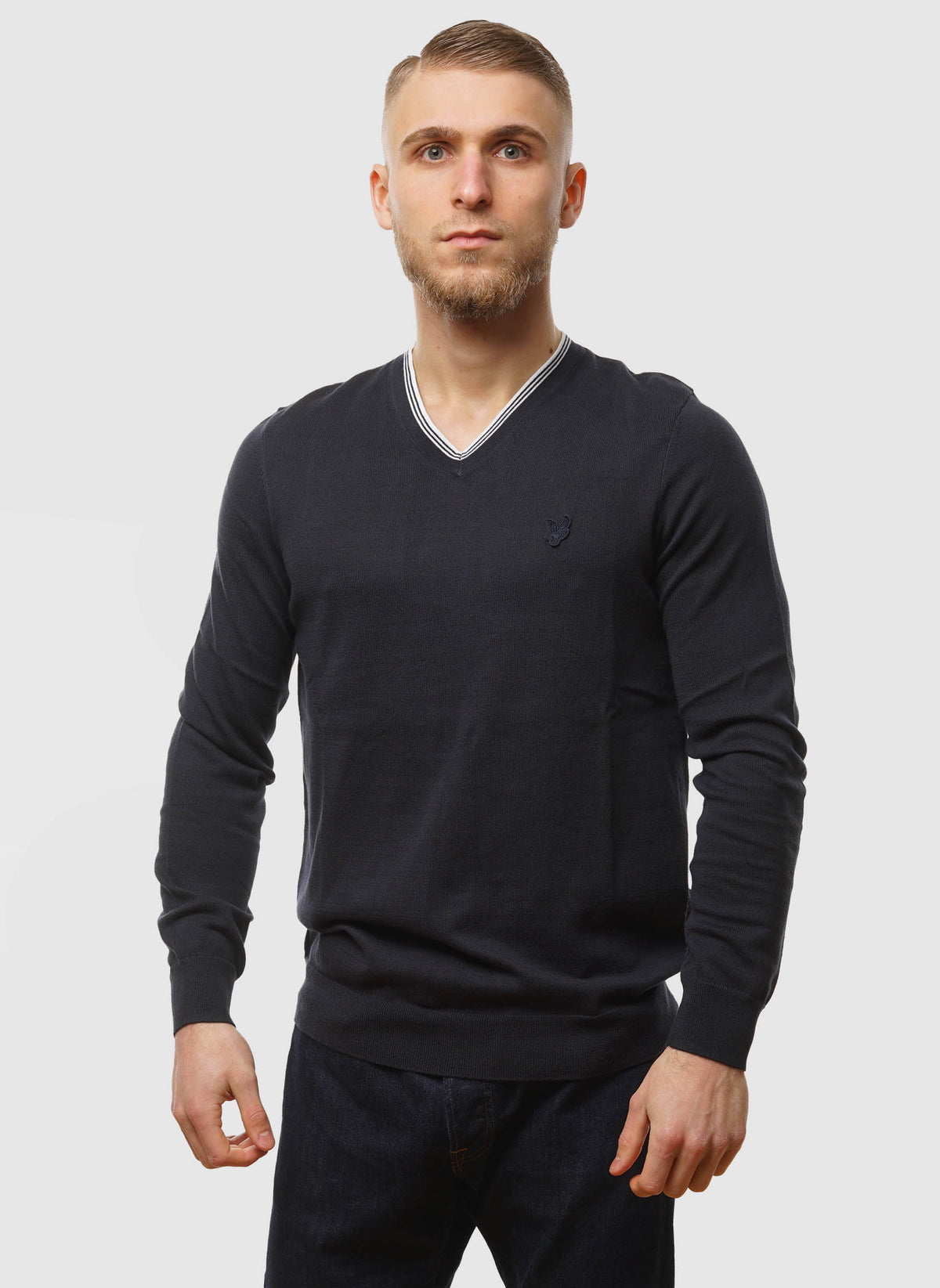 Tipped V Neck Jumper - Dark Navy