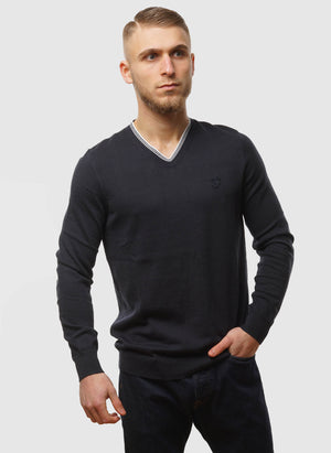 Tipped V Neck Jumper - Dark Navy