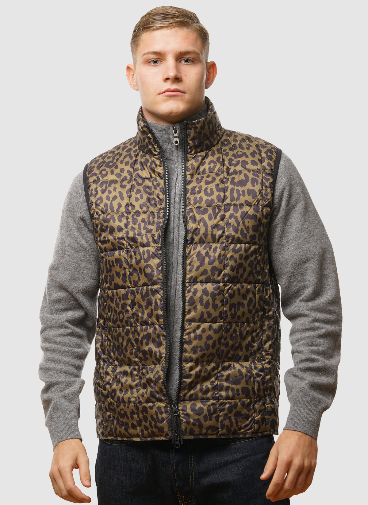 High Neck Inner Down Vest - Leopard