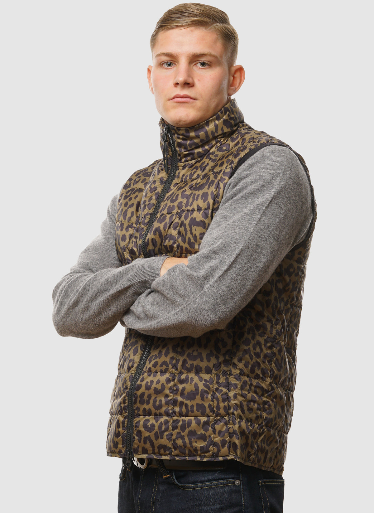 High Neck Inner Down Vest - Leopard